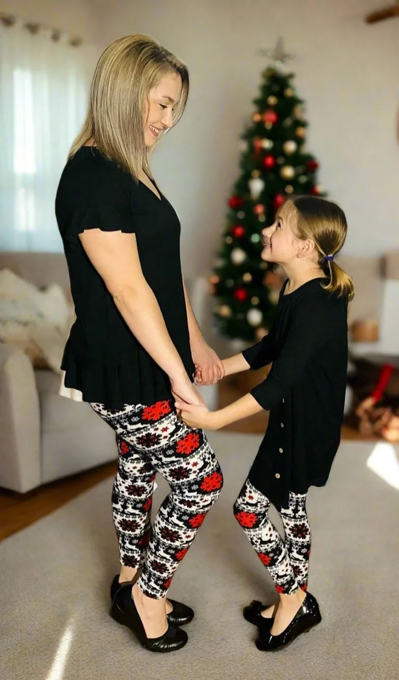 Girls Christmas Holiday Leggings, Kids Yoga Pants, Sizes S/L, No-Roll Waist, Black/Red/White