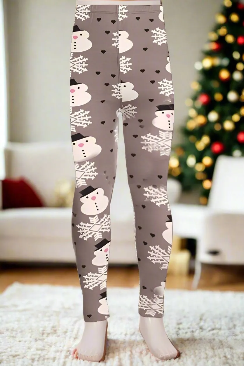 Girls Christmas Snowman Leggings, Kids Yoga Pants, Sizes S/L, No-Roll Waist, Gray/White