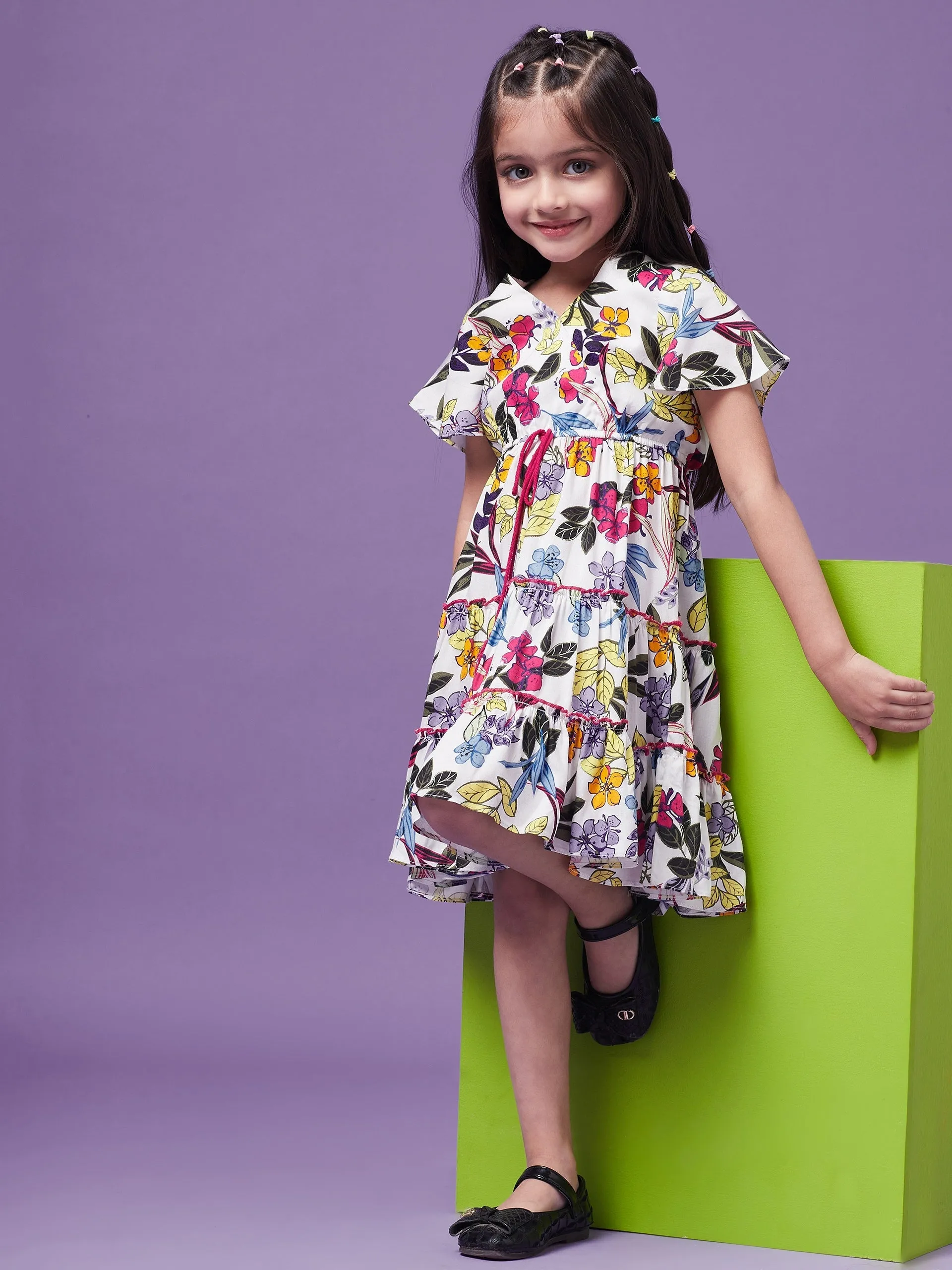 Girls Floral Printed V-Neck Wrap Tiered Dress