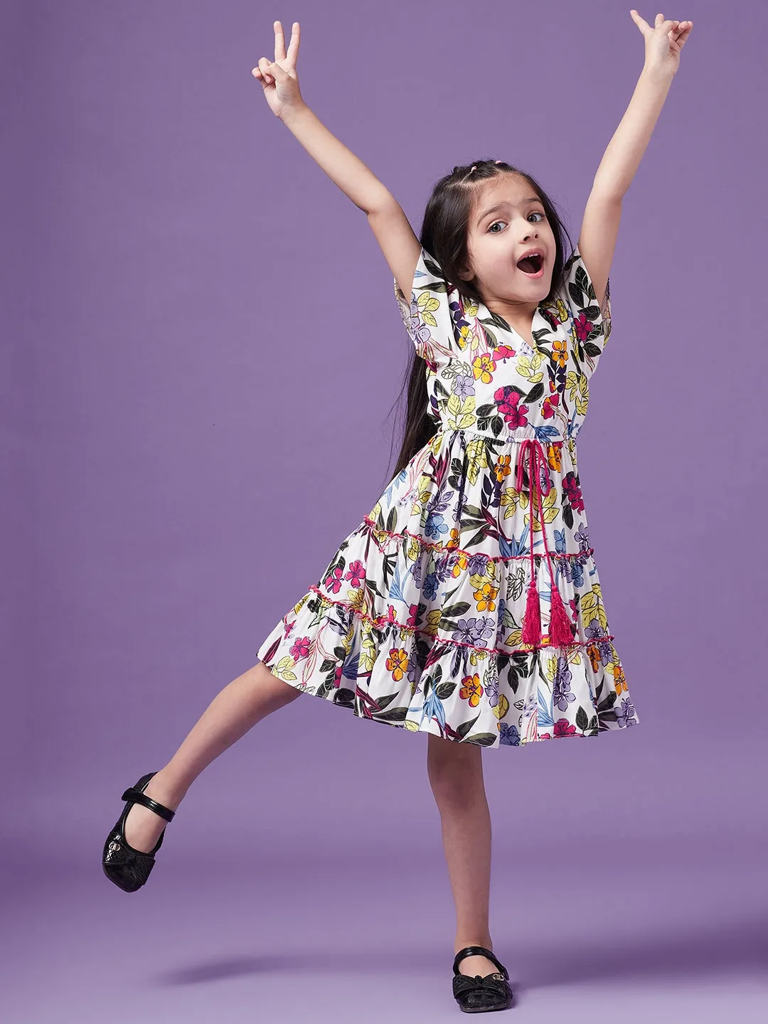 Girls Floral Printed V-Neck Wrap Tiered Dress