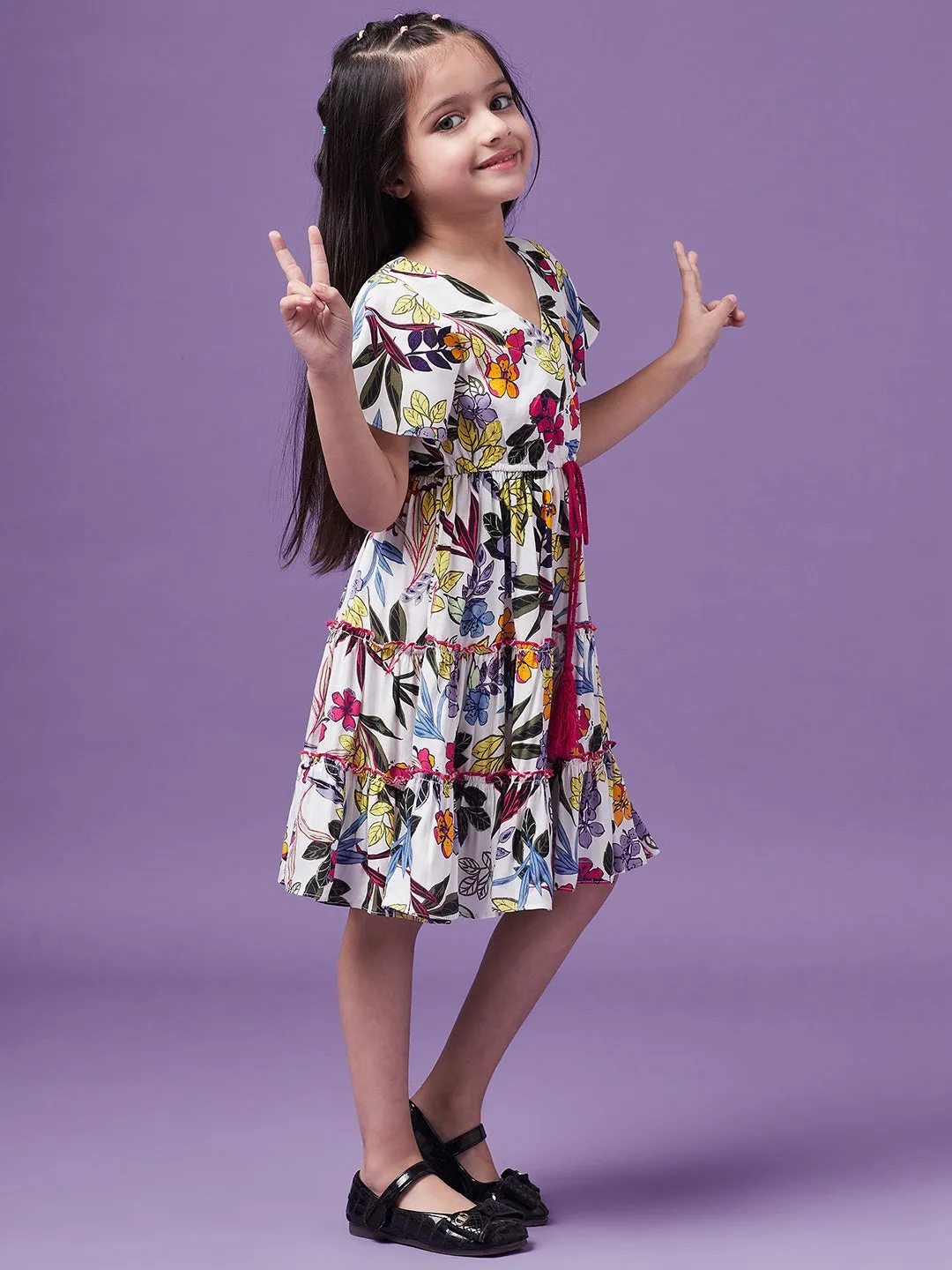 Girls Floral Printed V-Neck Wrap Tiered Dress