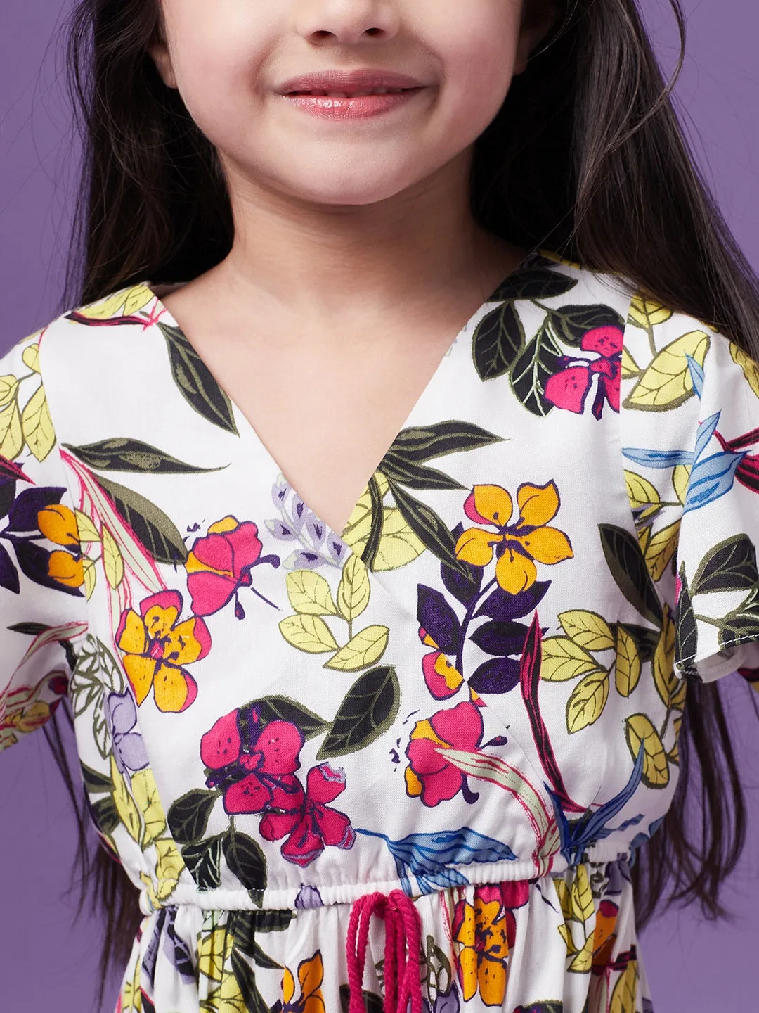 Girls Floral Printed V-Neck Wrap Tiered Dress