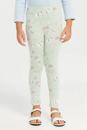 Girls Green Butterfly Print Leggings