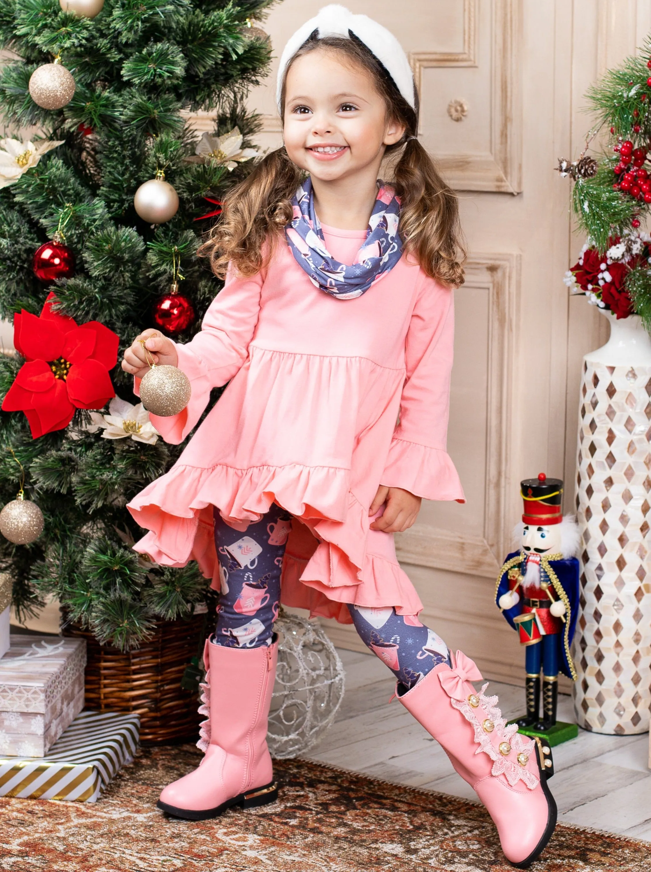 Girls Hot Chocolate Please Hi-Lo Tunic and Legging with Matching Scarf Set