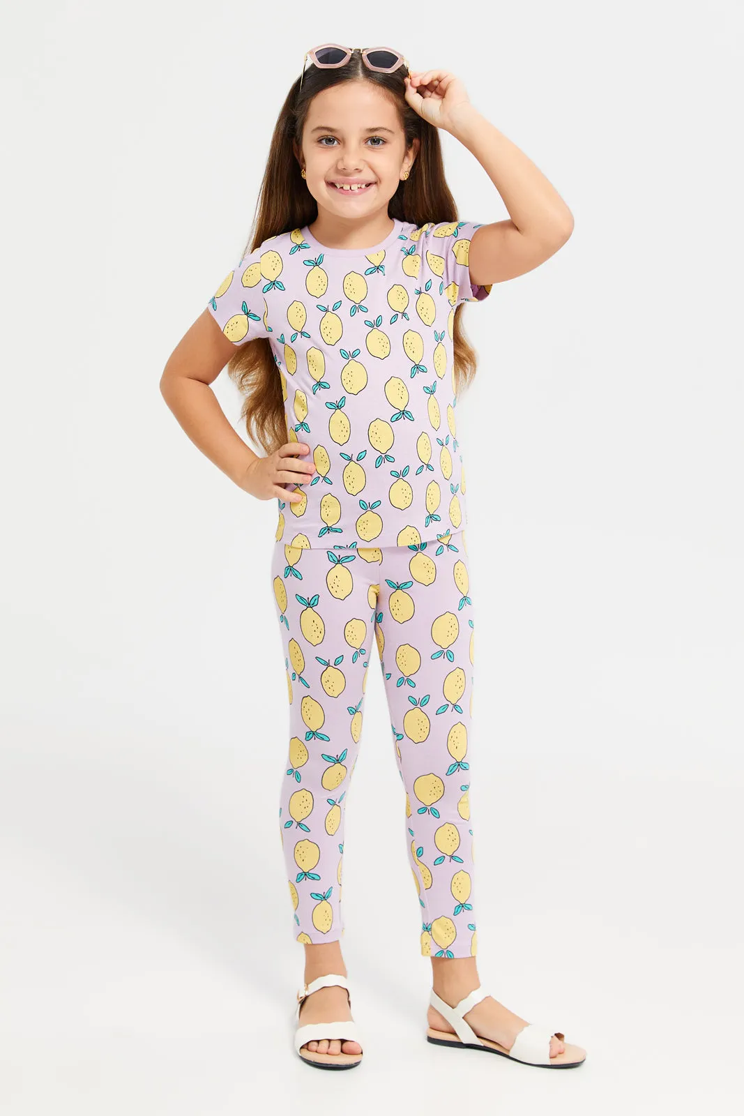 Girls Lilac Lemon Printed Leggings