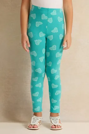 Girls Mint Heart Printed Leggings