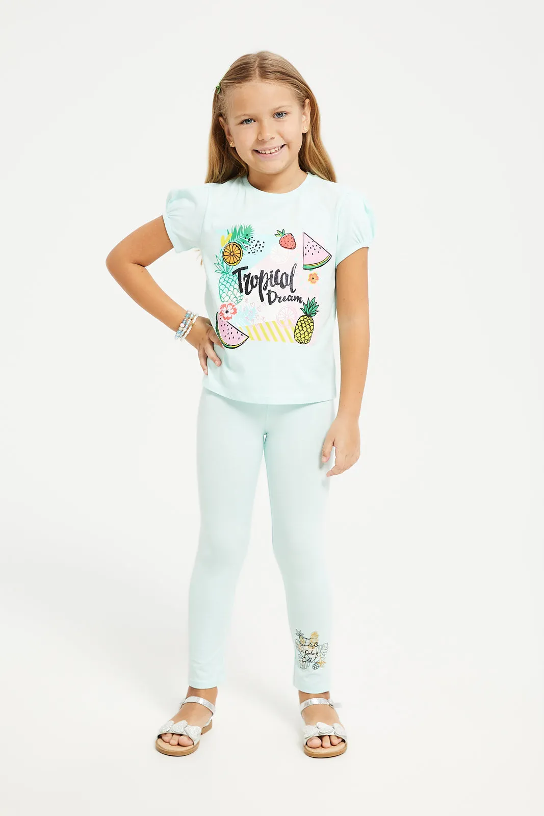 Girls Mint Tropical Placement Print Leggings