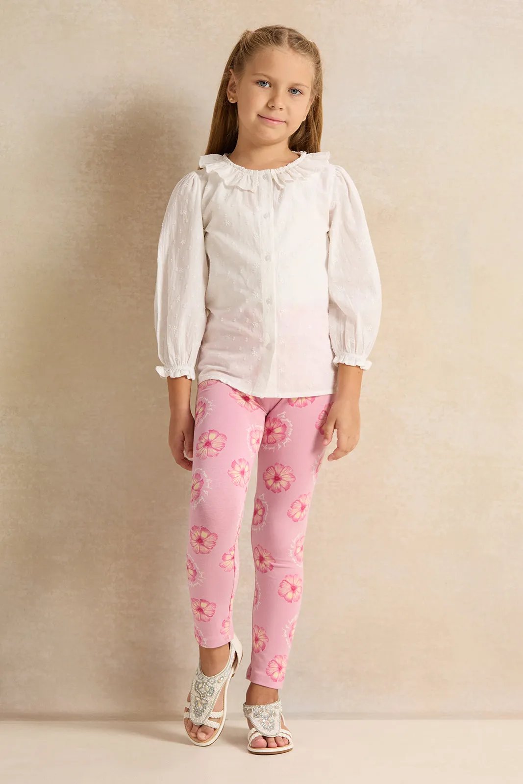 Girls Pink Flower Printed Leggings