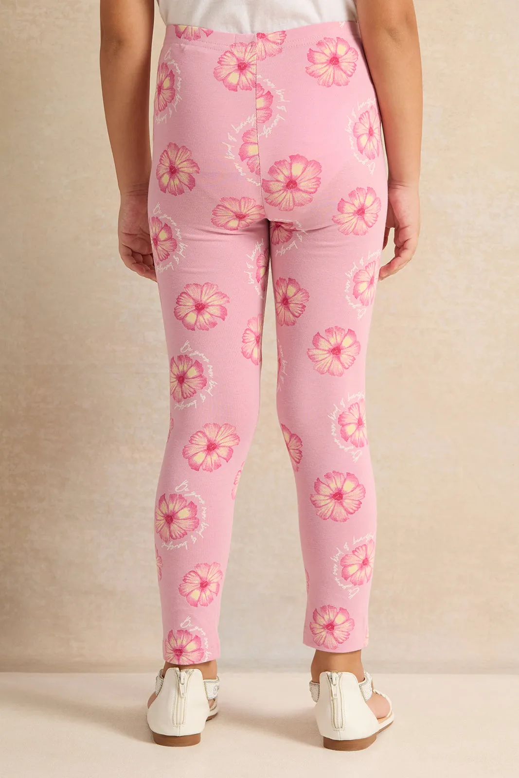 Girls Pink Flower Printed Leggings