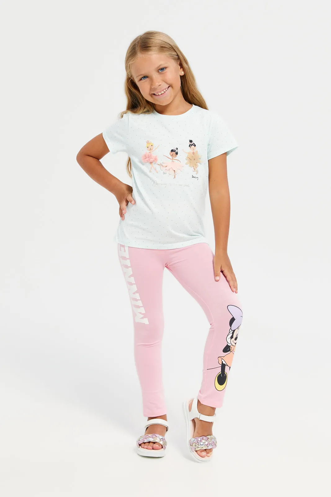 Girls Pink Minnie Mouse Print Leggings