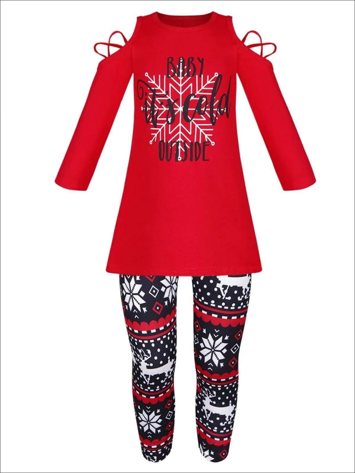 Girls "Baby it's Cold Outside" Cold Shoulder Long Sleeve Top & Reindeer Print Leggings Set