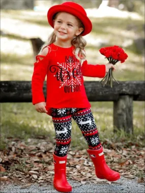 Girls "Baby it's Cold Outside" Cold Shoulder Long Sleeve Top And Reindeer Print Legging Set