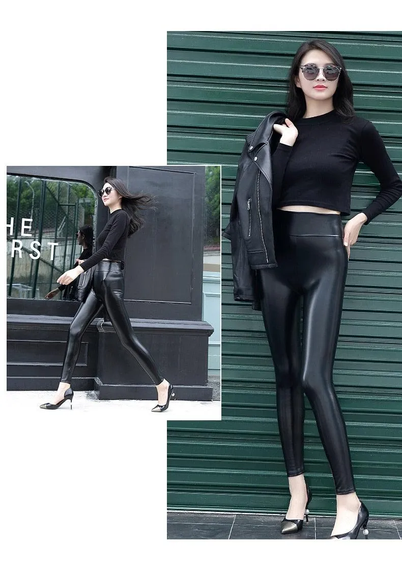 Gorgeous High Waist Women's Leather Leggings - Thin & Thick Femme Fitness PU Leggings - Push Up Slim Pants (D31)(TBL)