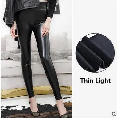 Gorgeous High Waist Women's Leather Leggings - Thin & Thick Femme Fitness PU Leggings - Push Up Slim Pants (D31)(TBL)