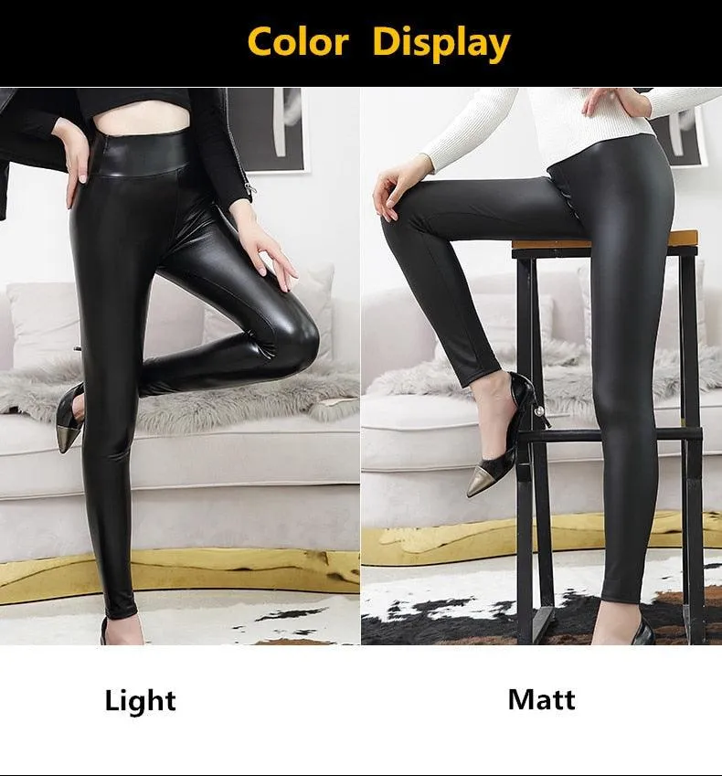 Gorgeous High Waist Women's Leather Leggings - Thin & Thick Femme Fitness PU Leggings - Push Up Slim Pants (D31)(TBL)