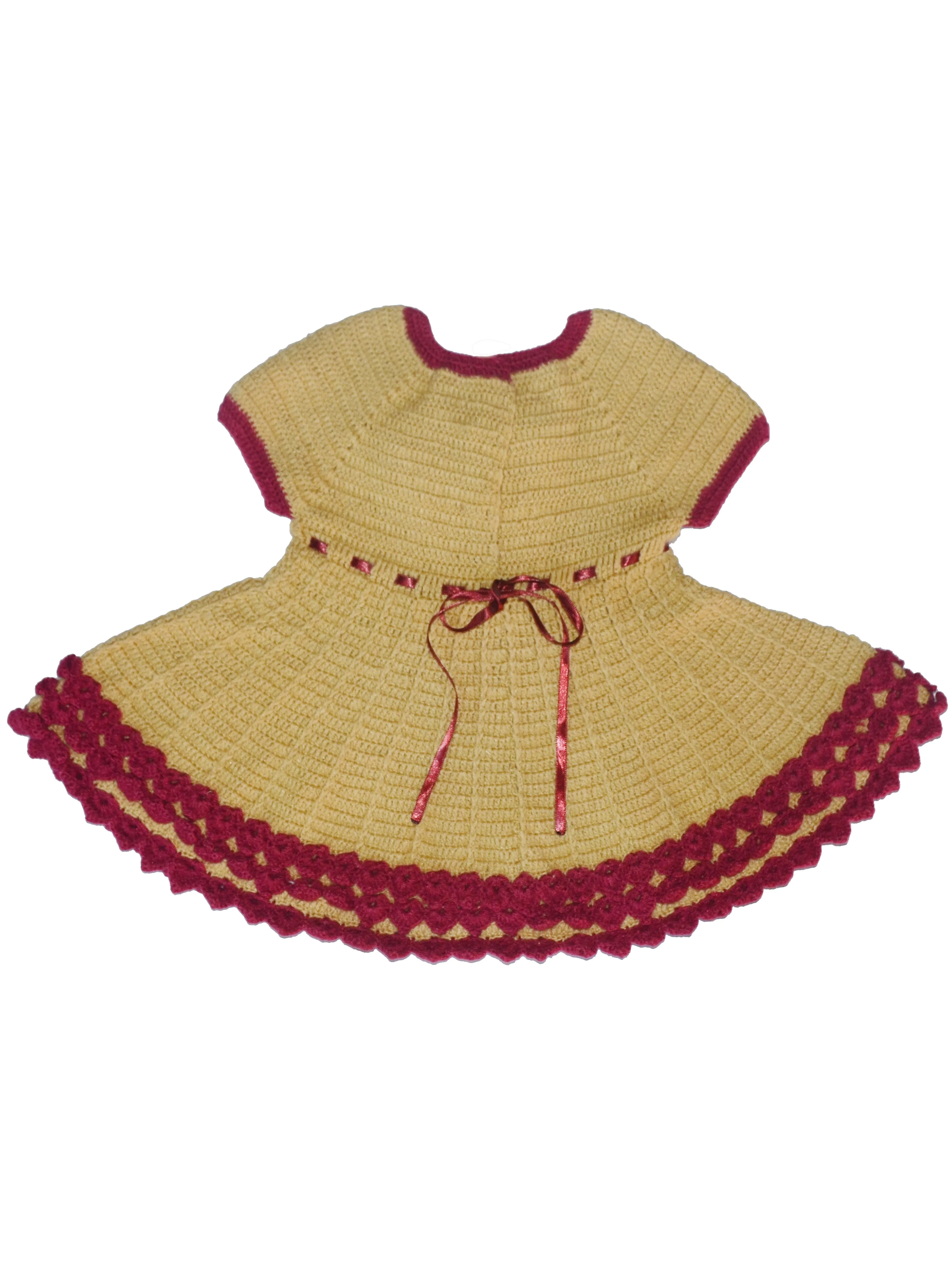 Graminarts Short Sleeve Woolen Trendy Crochet Design Baby Frock - Tortilla & Marron