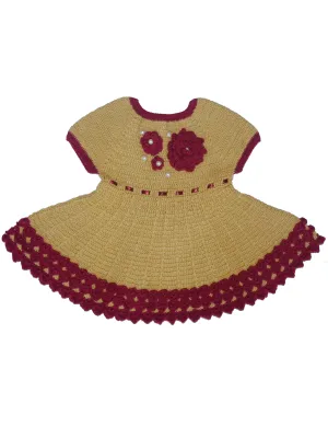 Graminarts Short Sleeve Woolen Trendy Crochet Design Baby Frock - Tortilla & Marron