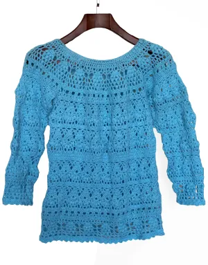 GraminArts woolen sky color crochet long sleeves and a round neck design for women