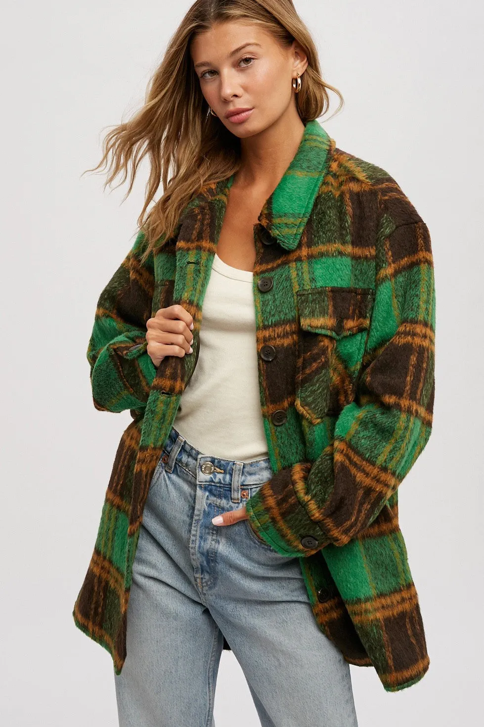 Green Plaid Brushed Flannel Coat