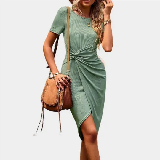 Green Wrap Dress Short Sleeve Crew Neck Midi Dress