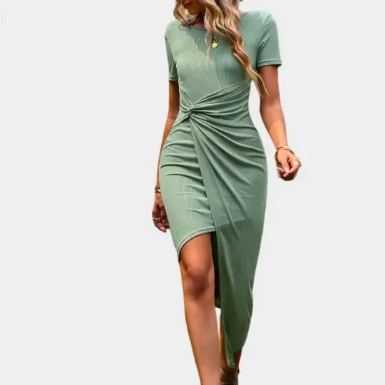 Green Wrap Dress Short Sleeve Crew Neck Midi Dress