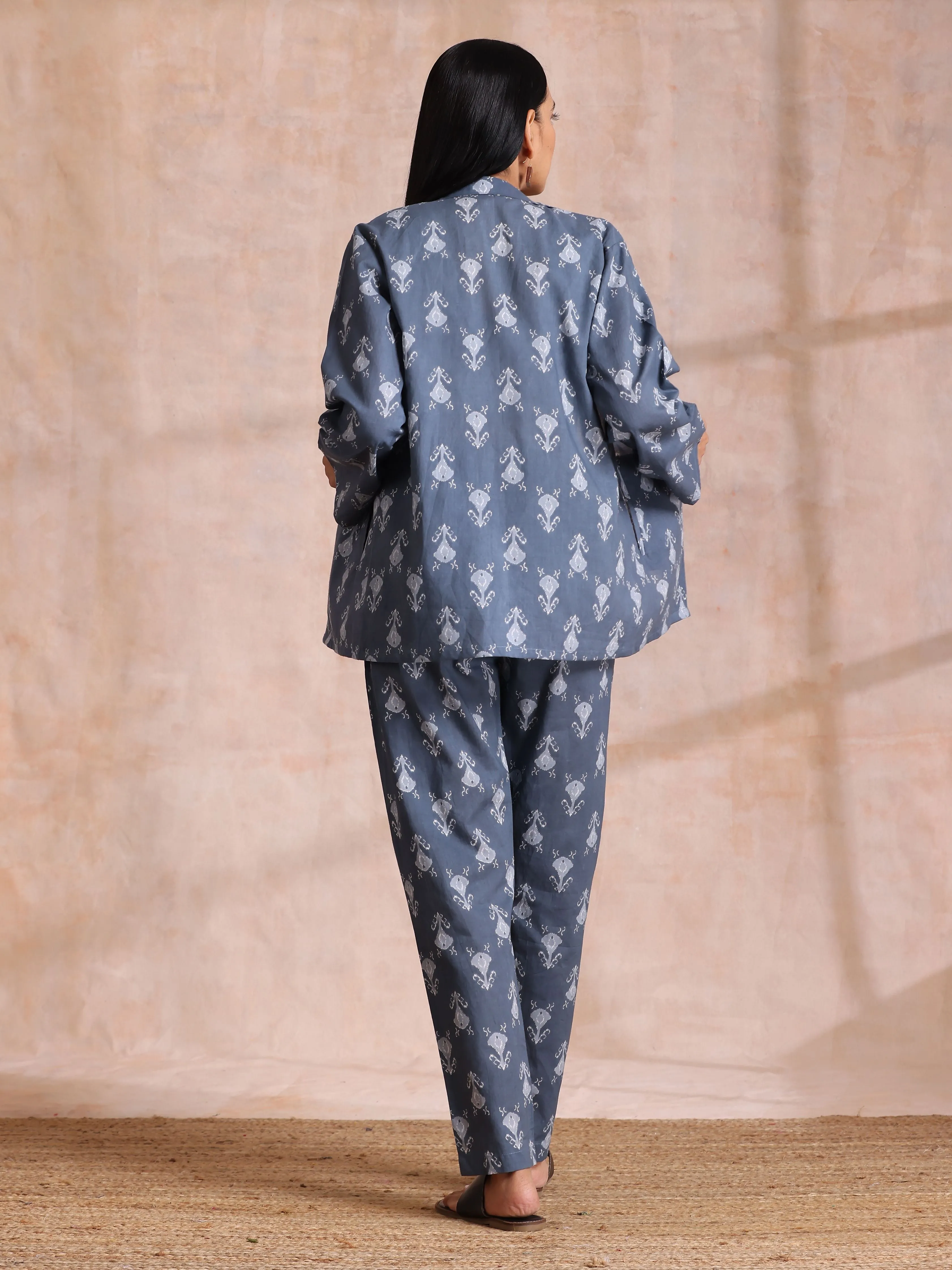 Grey On Grey Ikat Print Cotton Pant Suit Set