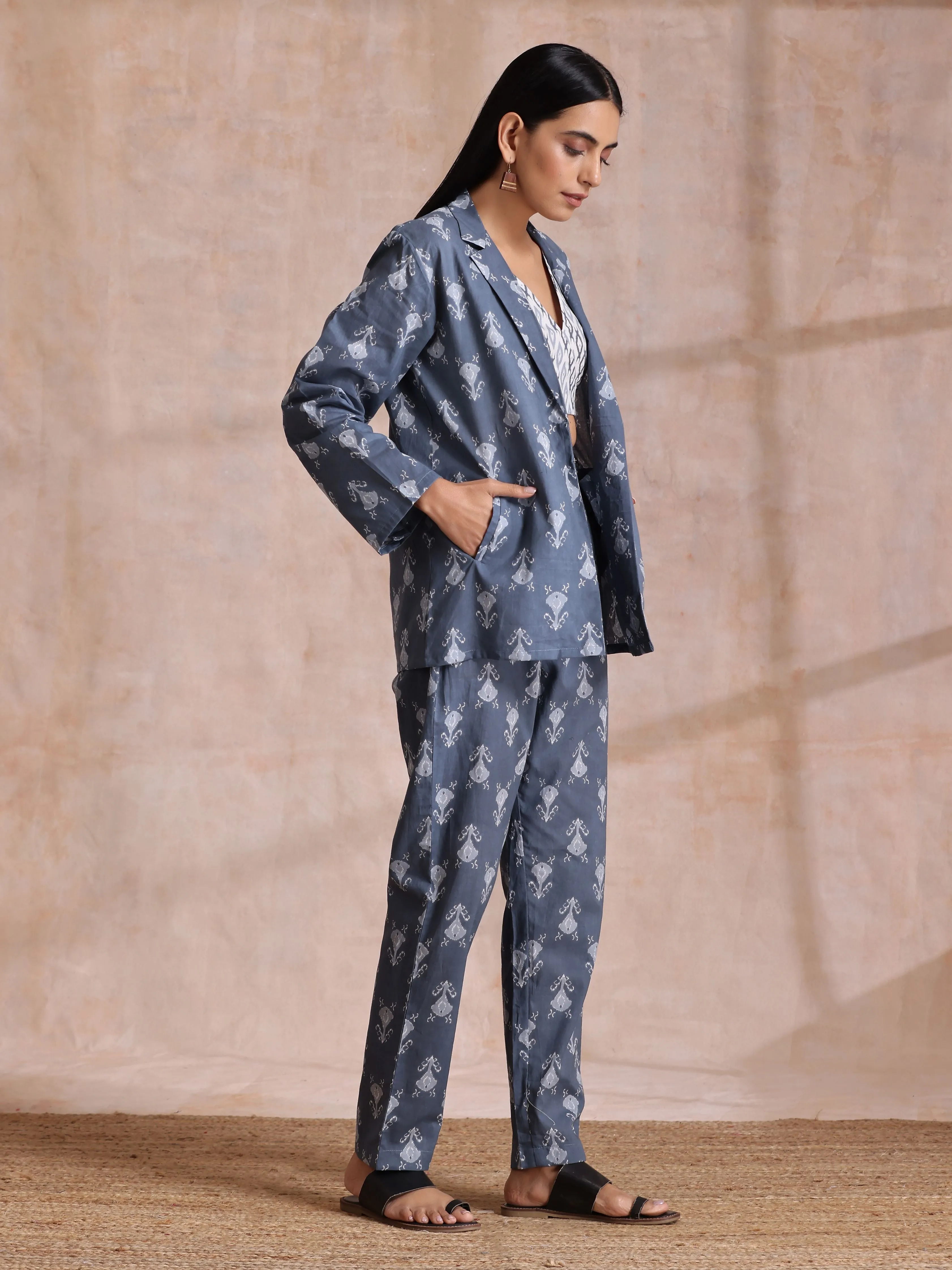 Grey On Grey Ikat Print Cotton Pant Suit Set