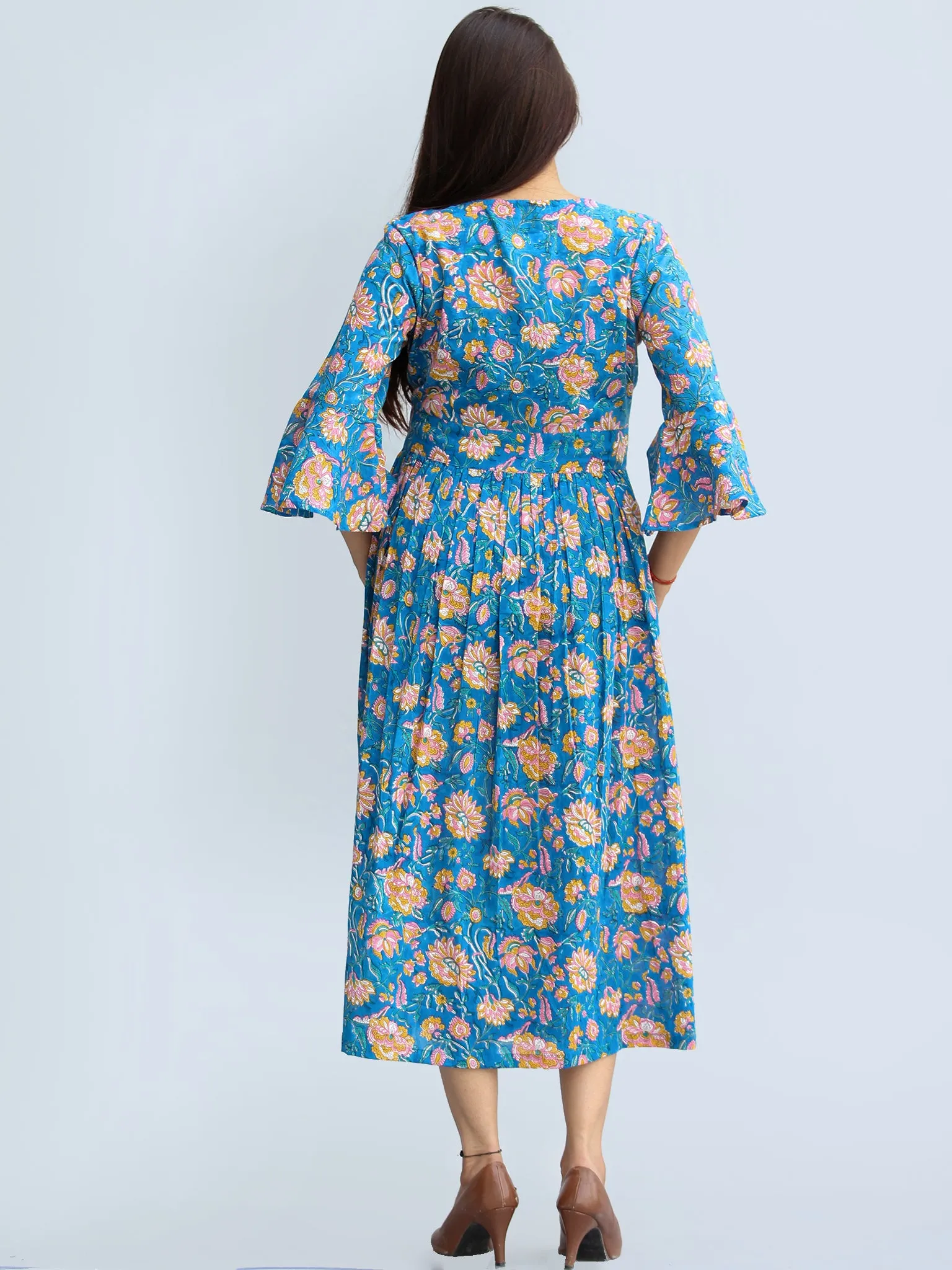 Gulrukh - Hand Block Printed Cotton Wrap Midi Dress With Bell Sleeves - D99F2281