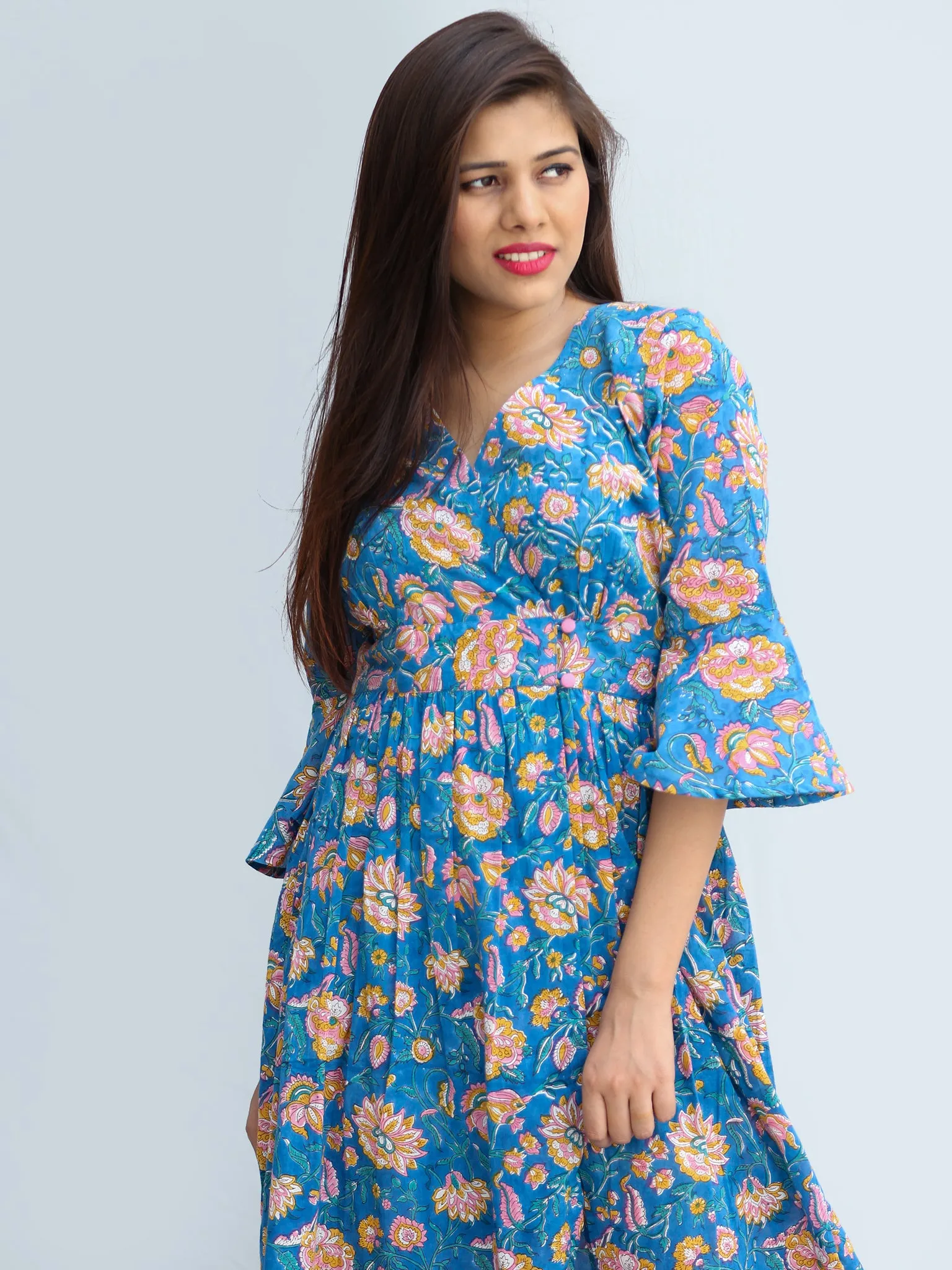 Gulrukh - Hand Block Printed Cotton Wrap Midi Dress With Bell Sleeves - D99F2281