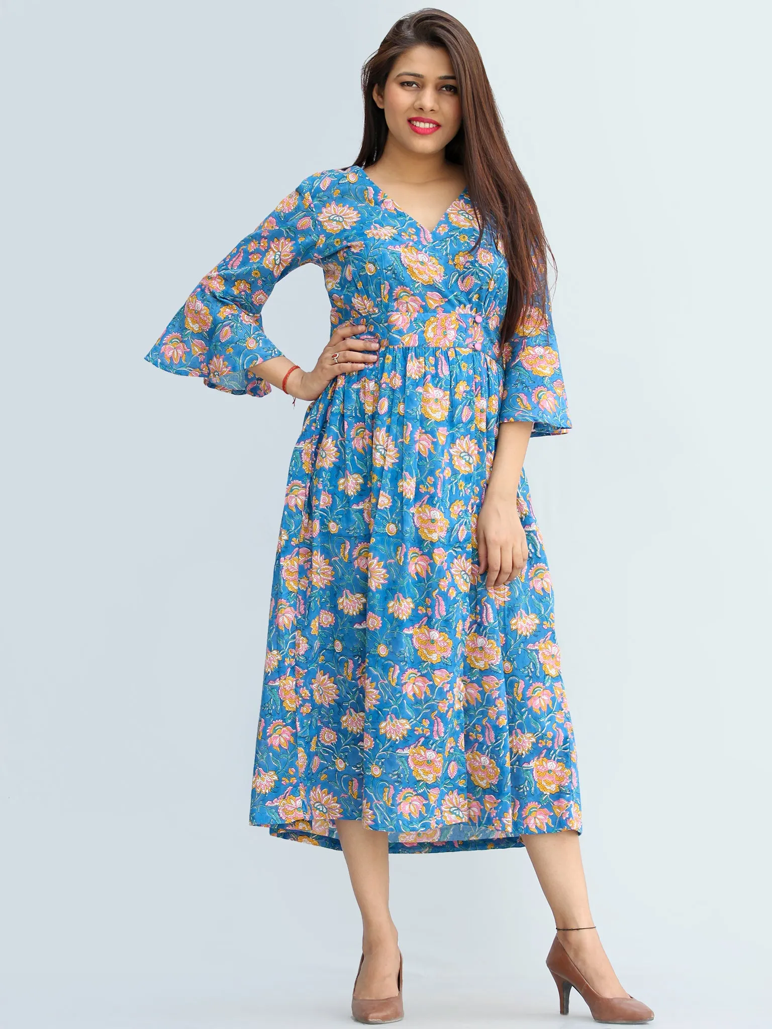 Gulrukh - Hand Block Printed Cotton Wrap Midi Dress With Bell Sleeves - D99F2281