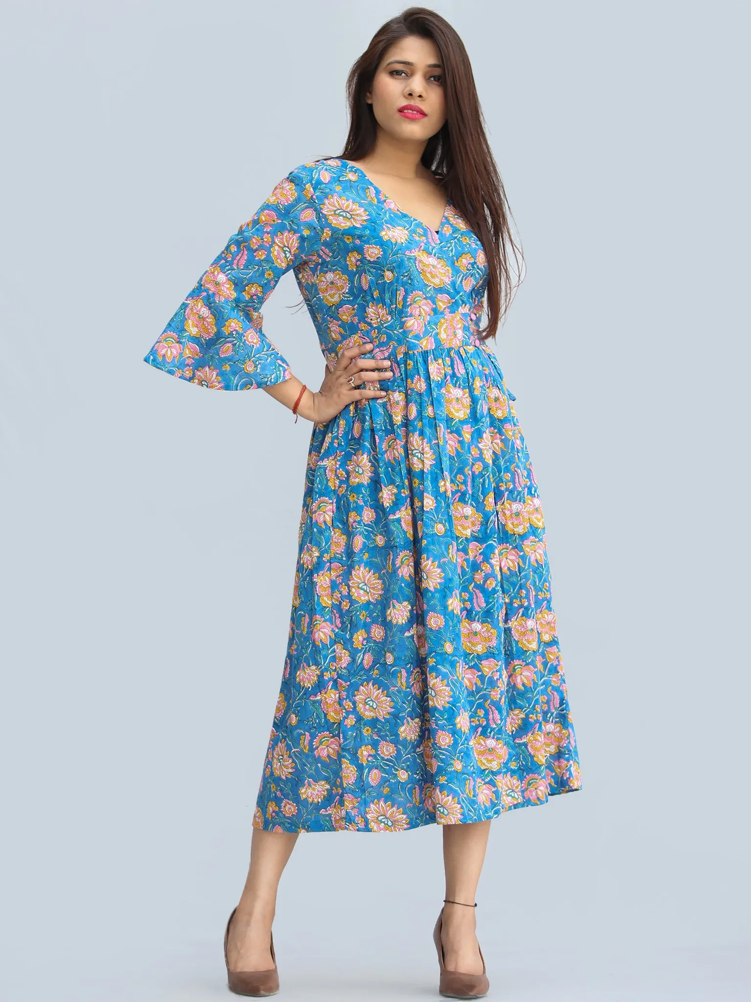 Gulrukh - Hand Block Printed Cotton Wrap Midi Dress With Bell Sleeves - D99F2281