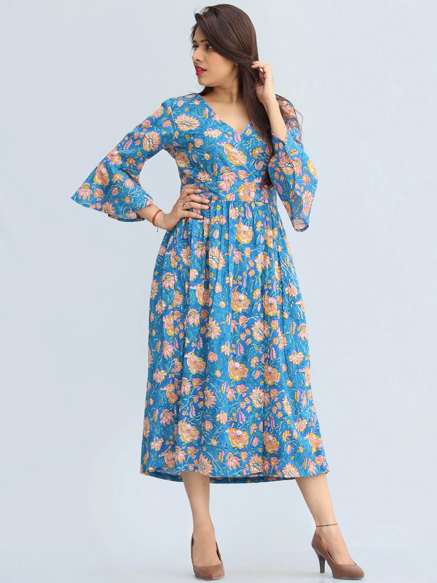 Gulrukh - Hand Block Printed Cotton Wrap Midi Dress With Bell Sleeves - D99F2281