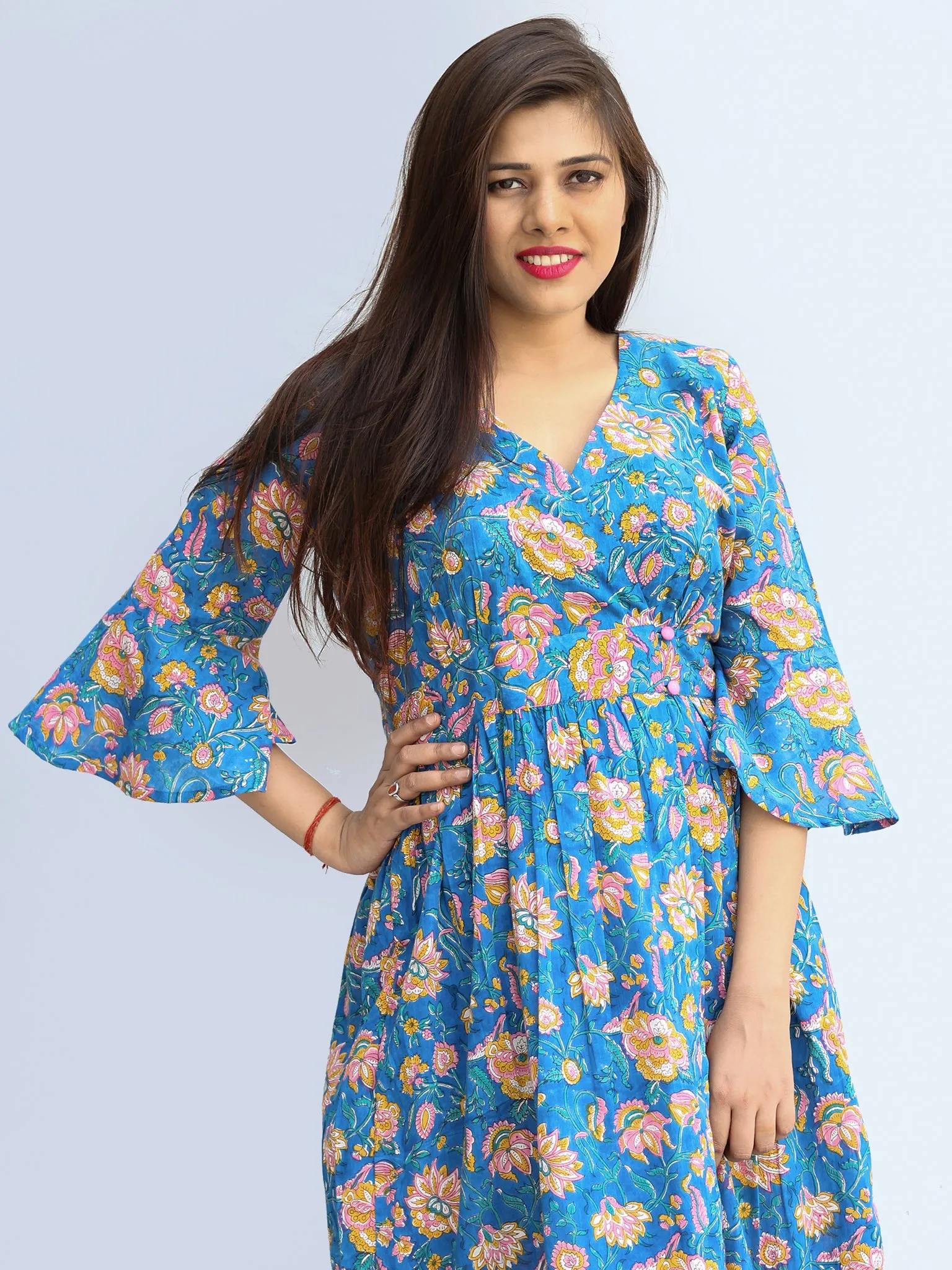 Gulrukh - Hand Block Printed Cotton Wrap Midi Dress With Bell Sleeves - D99F2281