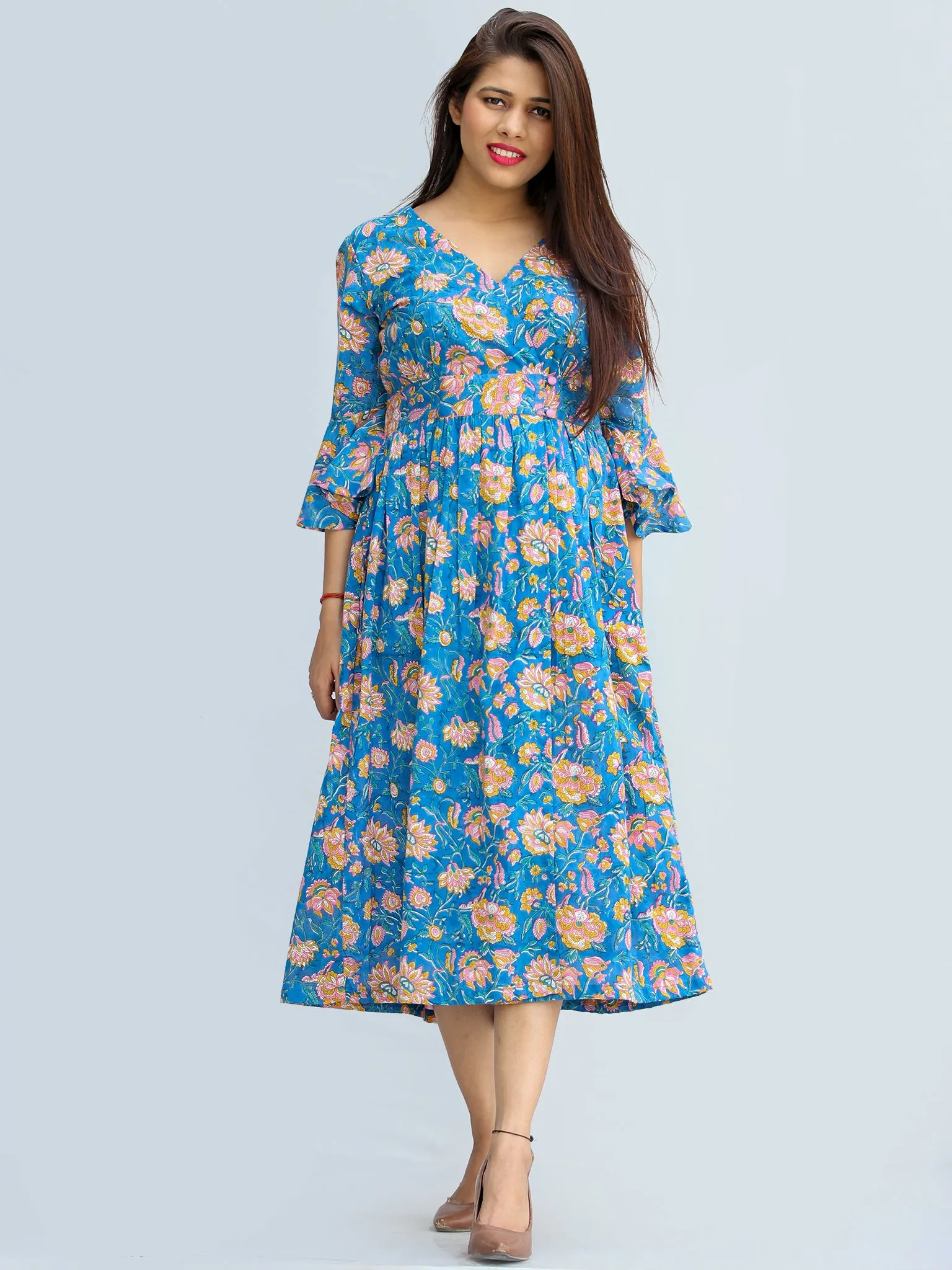 Gulrukh - Hand Block Printed Cotton Wrap Midi Dress With Bell Sleeves - D99F2281