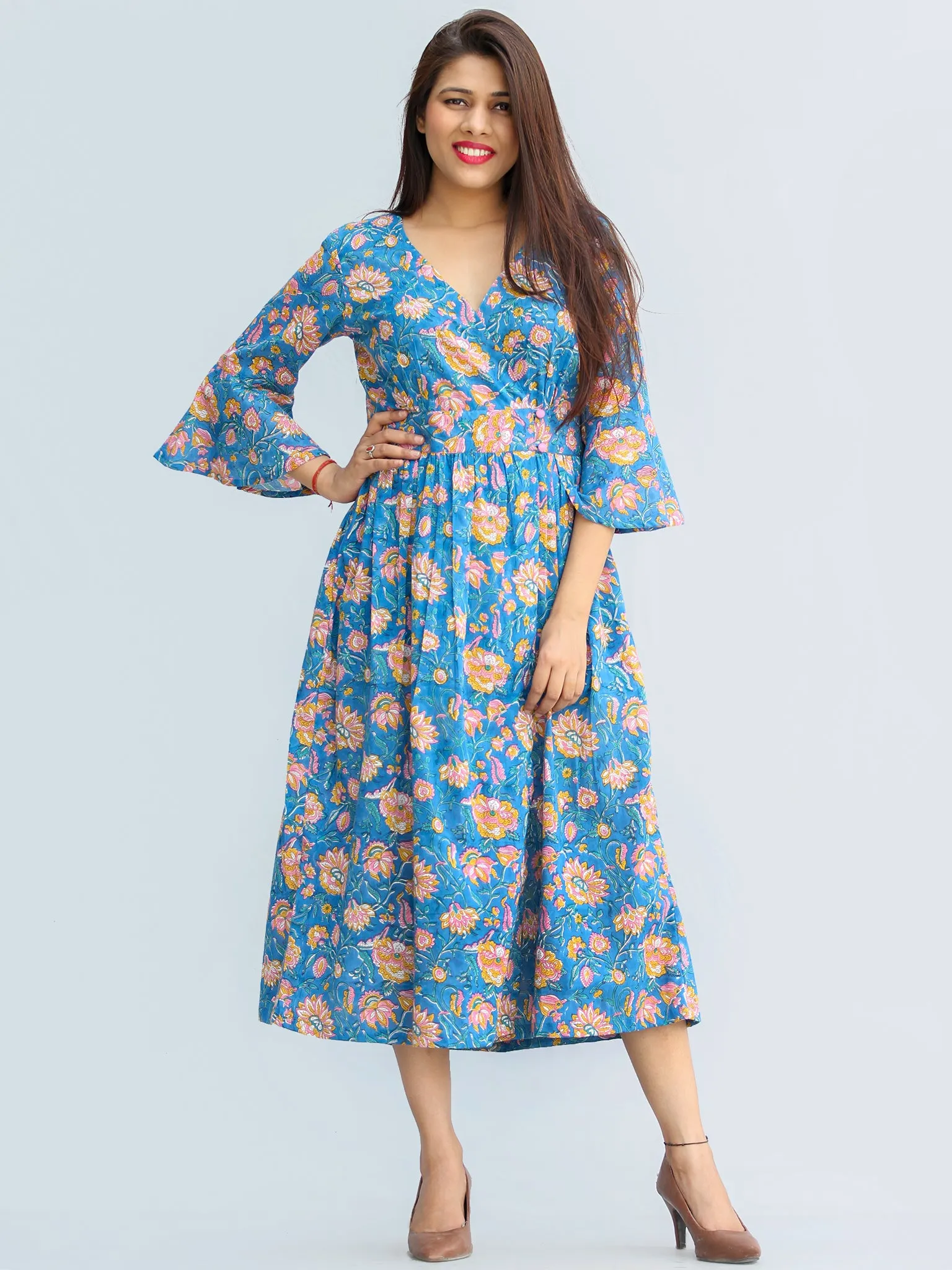 Gulrukh - Hand Block Printed Cotton Wrap Midi Dress With Bell Sleeves - D99F2281