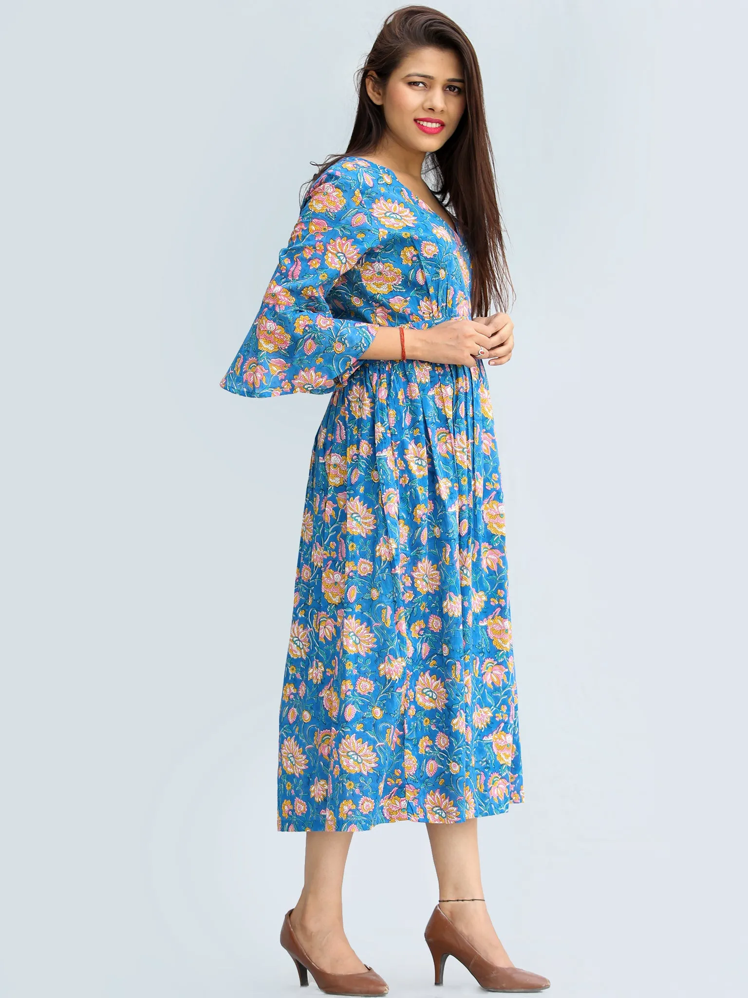 Gulrukh - Hand Block Printed Cotton Wrap Midi Dress With Bell Sleeves - D99F2281