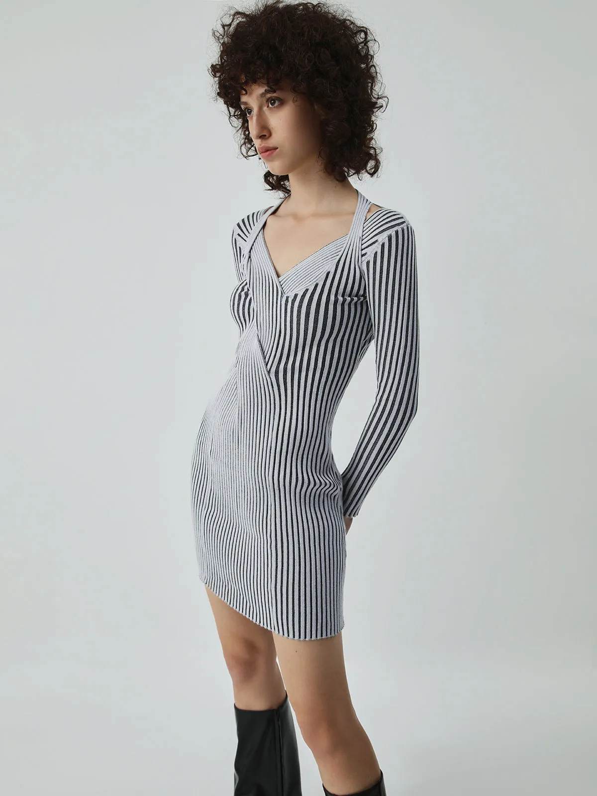 Halter Long Sleeve Trendy Short Sweater Dress