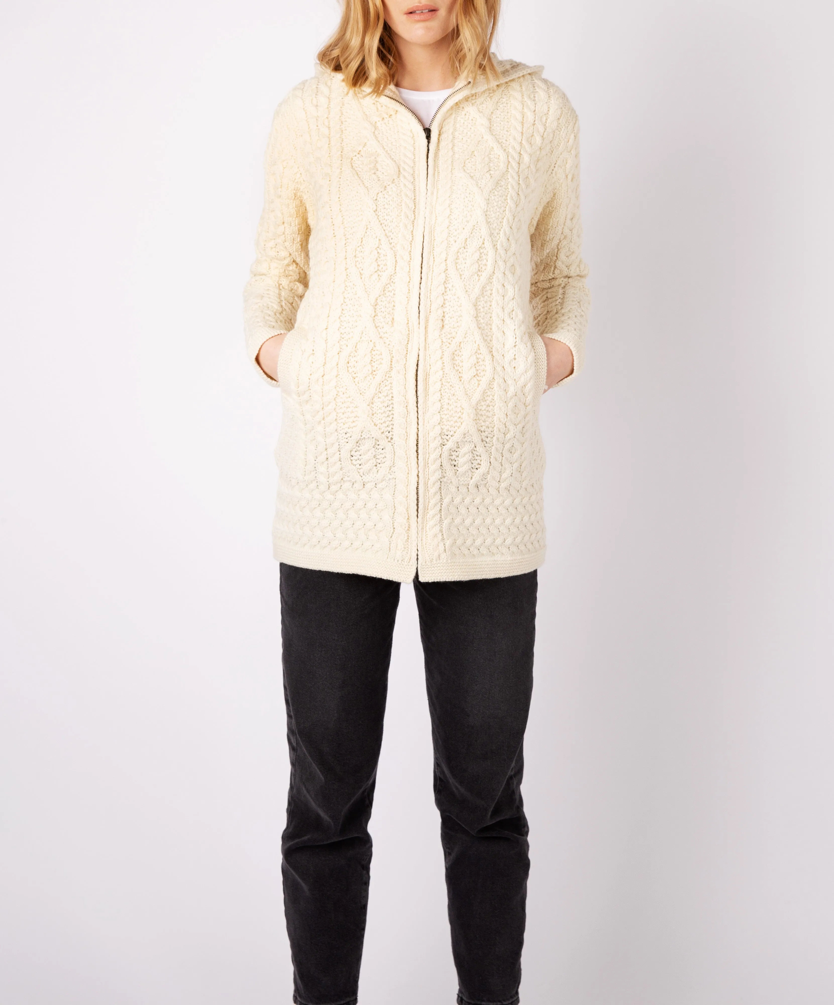 Hazel Aran Zipped Hooded Coat Natural