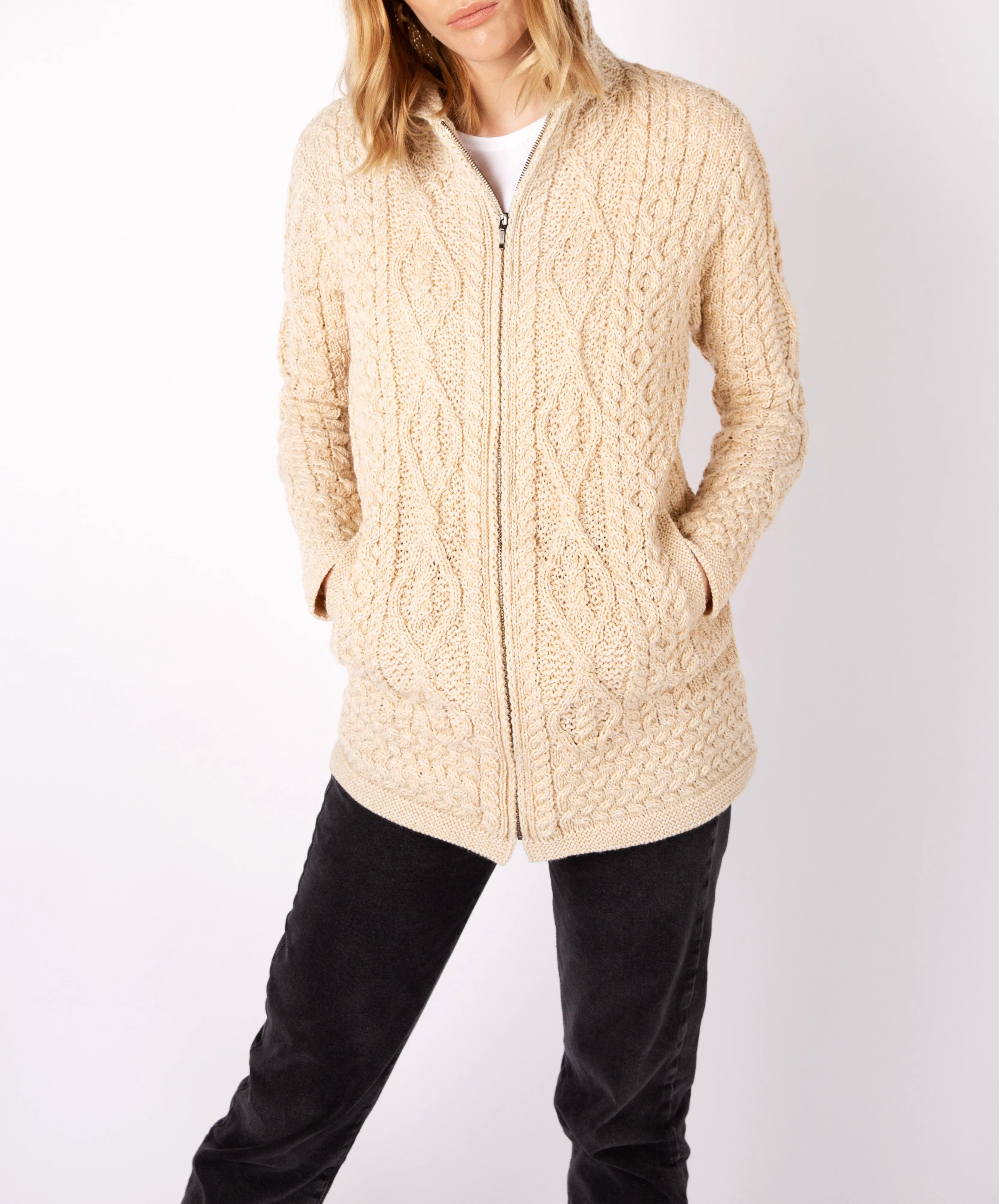 Hazel Aran Zipped Hooded Coat Oatmeal Marl