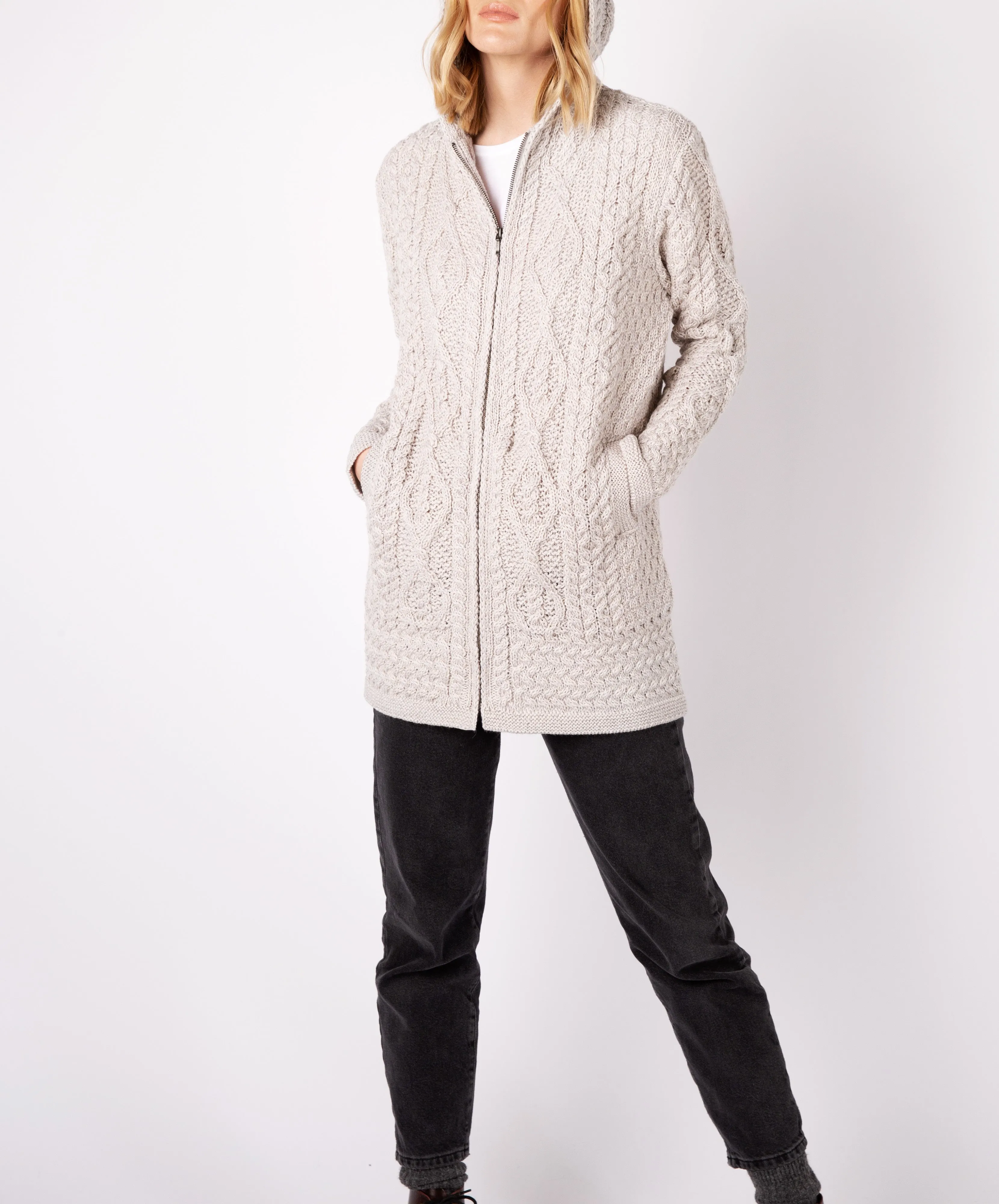 Hazel Aran Zipped Hooded Coat Silver Marl