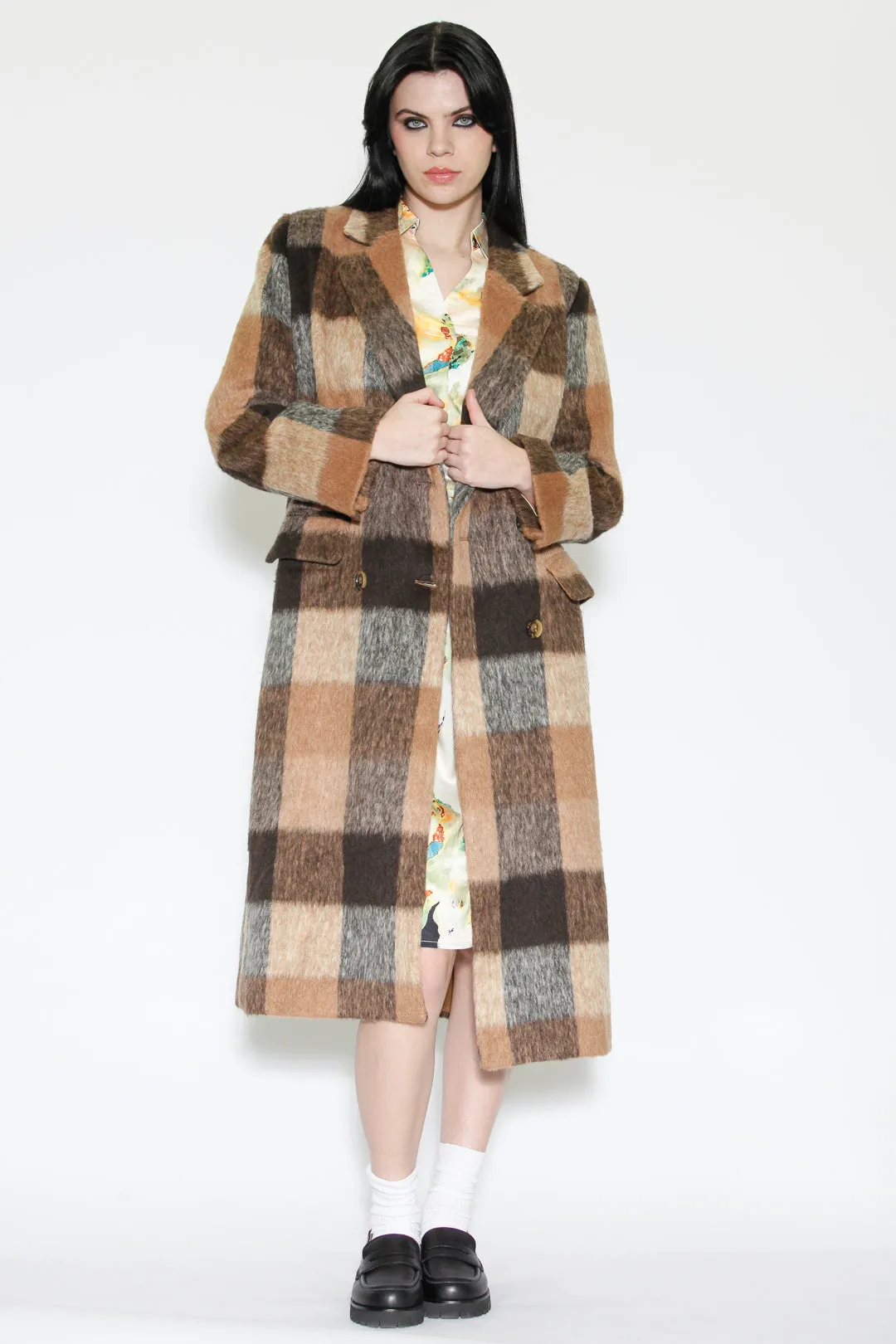 Heavy Wool Camel Brown Plaid Coat