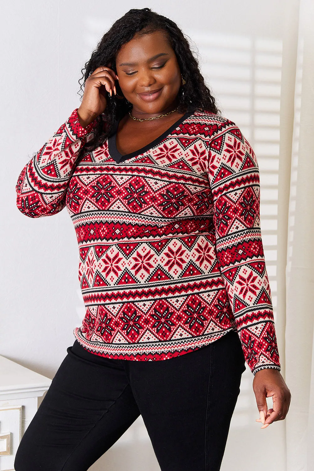 Heimish Full Size Snowflake Print Long Sleeve Top