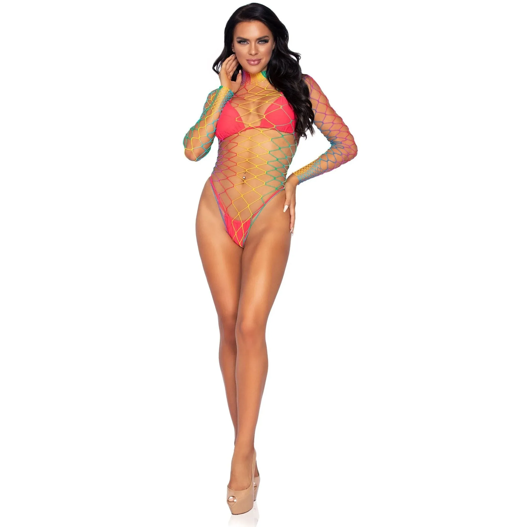 High Neck Fence Net Long Sleeve Bodysuit With Snap Crotch Thong Panty - One Size - Rainbow