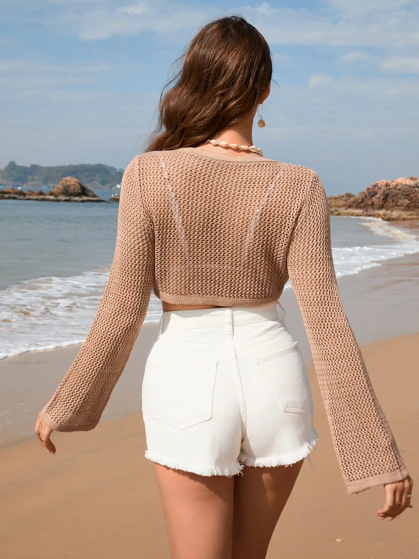 Hollow Out Long Sleeve Beach Bikini Cover Up