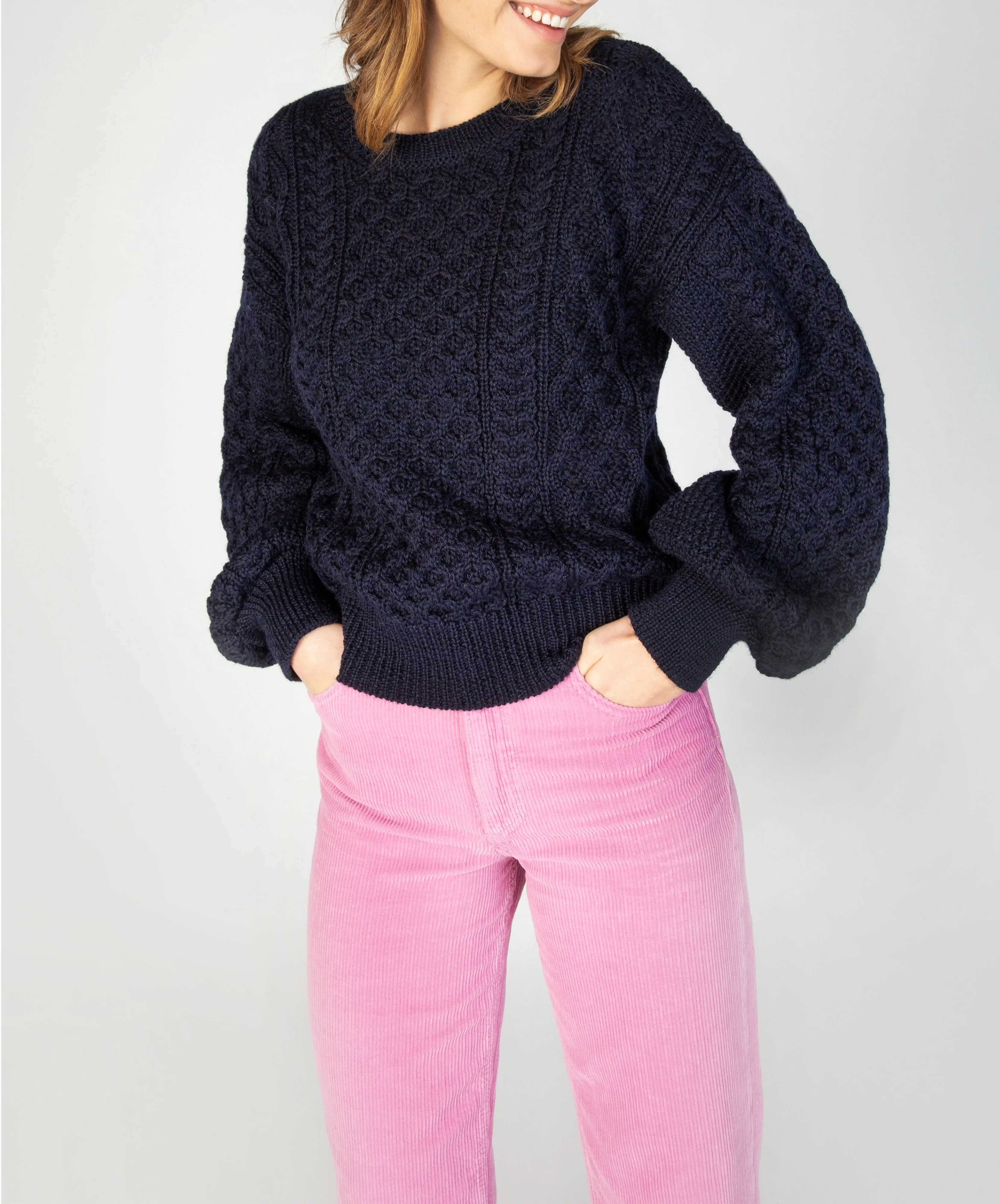 Honeysuckle Cropped Aran Sweater Navy