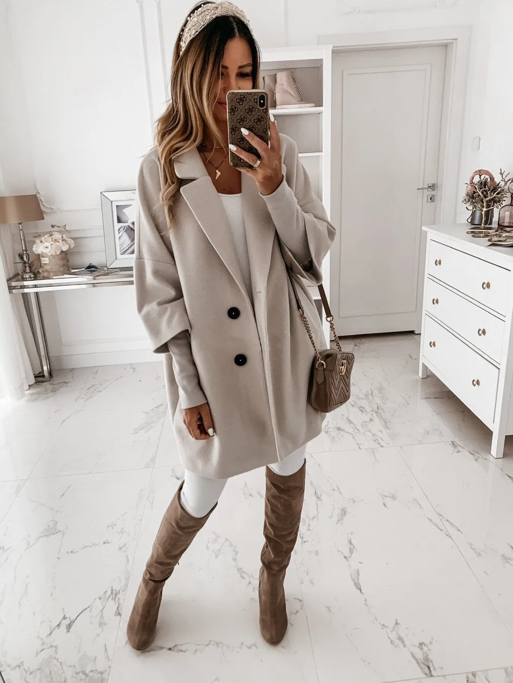 Hot Sale Autumn and Winter Three-quarter Sleeve Button Lapel Pocket Woolen Coat Women's Clothing