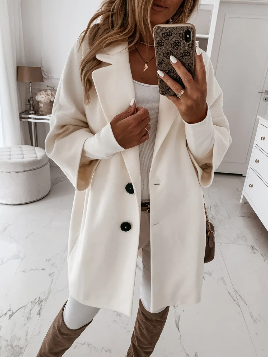 Hot Sale Autumn and Winter Three-quarter Sleeve Button Lapel Pocket Woolen Coat Women's Clothing