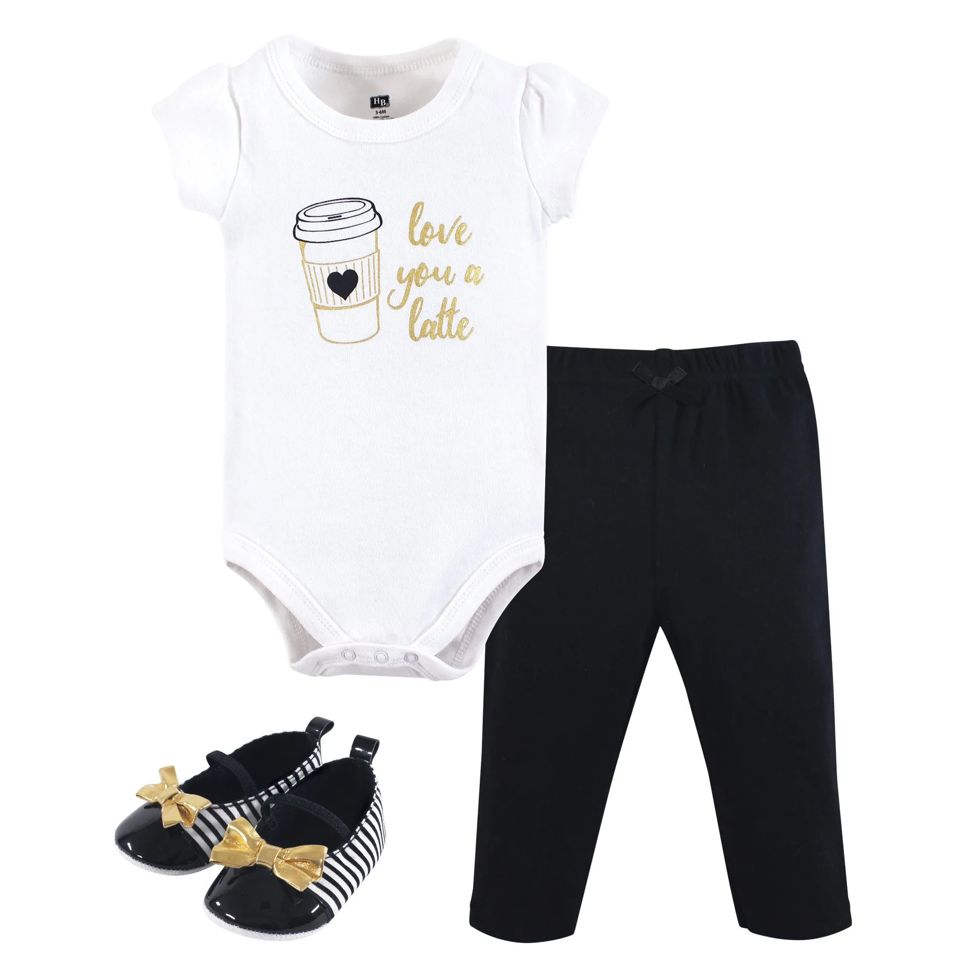 Hudson Baby Cotton Bodysuit, Pant and Shoe Set, Latte