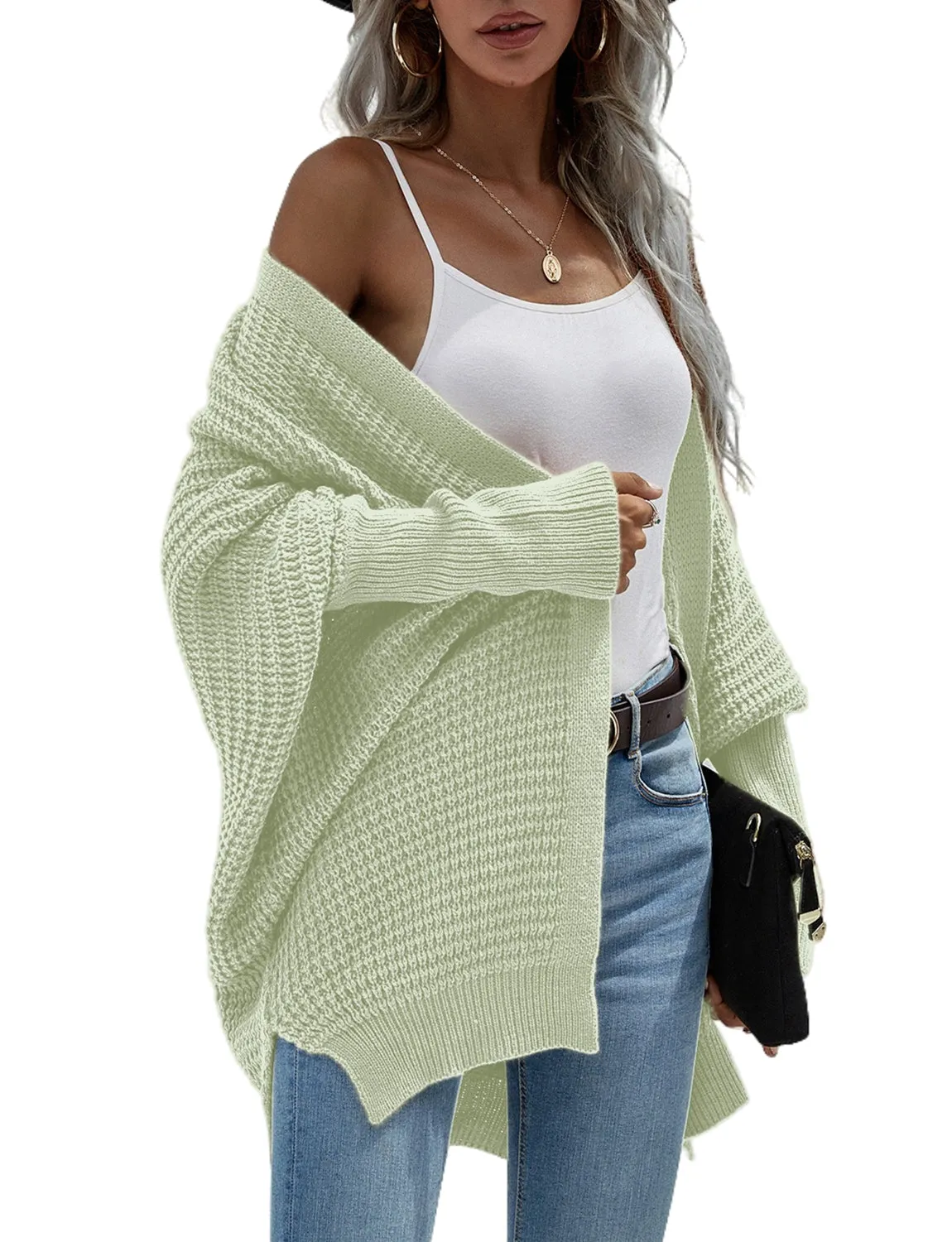 iB-iP Women's Oversize Cardigan Sweater Loose Casual Batwing Sleeves Fashion Top