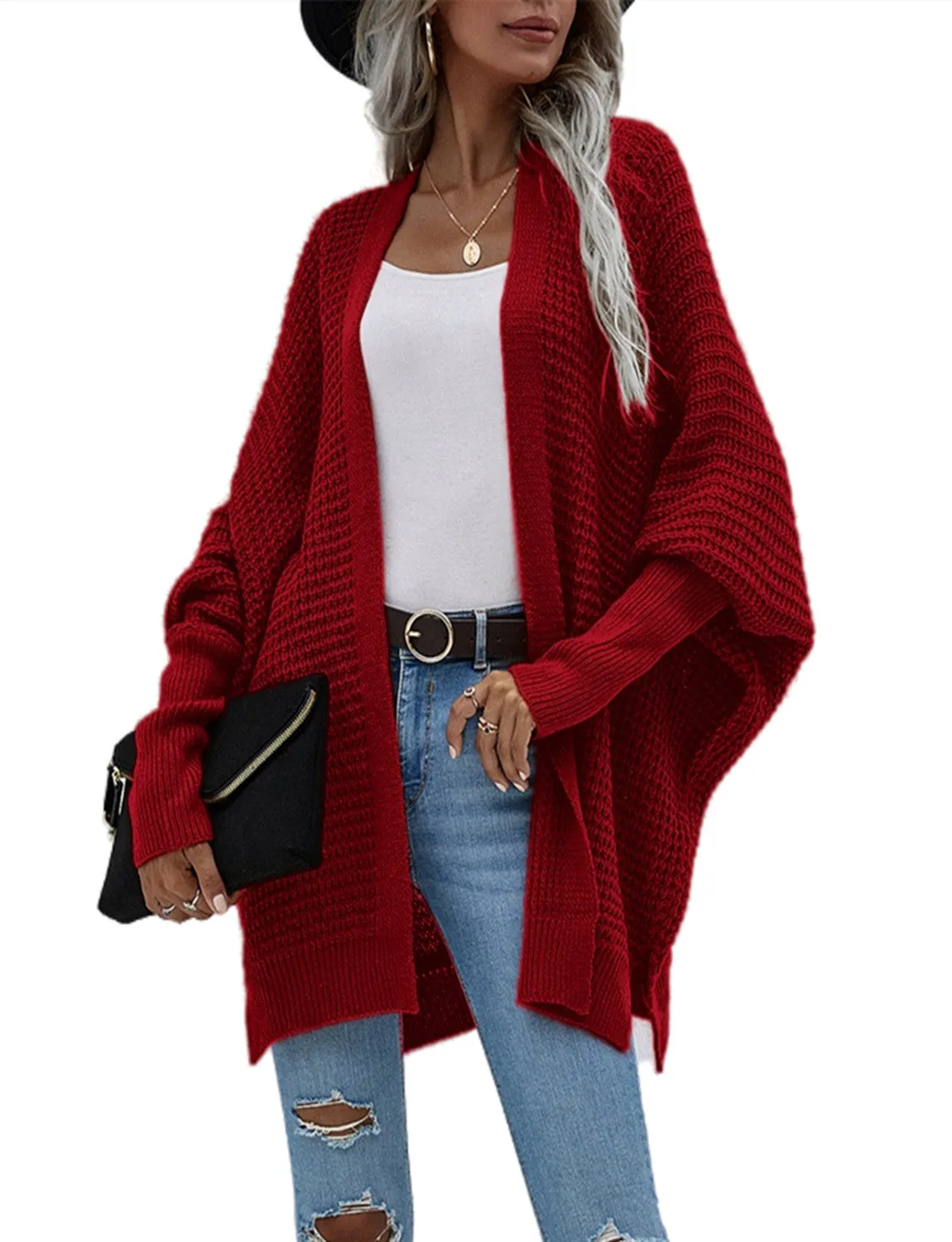 iB-iP Women's Oversize Cardigan Sweater Loose Casual Batwing Sleeves Fashion Top